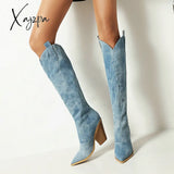 Xajzpa - Oversized Denim Pointed Toe High Heel Boots Blue / 5