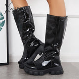 Xajzpa - Patent Leather Platform Chunky Sole Knee High Boots