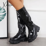 Xajzpa - Patent Leather Platform Chunky Sole Knee High Boots