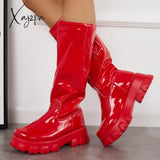 Xajzpa - Patent Leather Platform Chunky Sole Knee High Boots