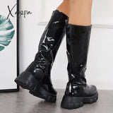 Xajzpa - Patent Leather Platform Chunky Sole Knee High Boots