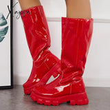 Xajzpa - Patent Leather Platform Chunky Sole Knee High Boots