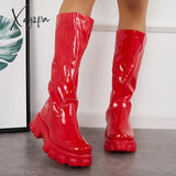 Xajzpa - Patent Leather Platform Chunky Sole Knee High Boots