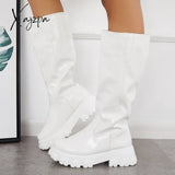 Xajzpa - Patent Leather Platform Chunky Sole Knee High Boots