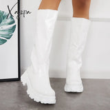 Xajzpa - Patent Leather Platform Chunky Sole Knee High Boots