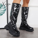 Xajzpa - Patent Leather Platform Chunky Sole Knee High Boots