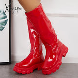 Xajzpa - Patent Leather Platform Chunky Sole Knee High Boots