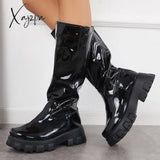 Xajzpa - Patent Leather Platform Chunky Sole Knee High Boots Black / 5