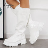 Xajzpa - Patent Leather Platform Chunky Sole Knee High Boots White / 5