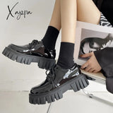 Xajzpa - Patent Leather Platform Oxford Shoes For Women Spring Casual Lace Up Flats Woman Black