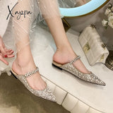 Xajzpa - Pearl Slippers Shoes Women Basic Summer Flock Shiny Rhinestones Pointed Toe Flats Fashion