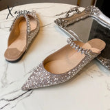 Xajzpa - Pearl Slippers Shoes Women Basic Summer Flock Shiny Rhinestones Pointed Toe Flats Fashion