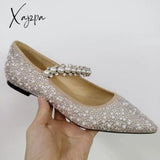 Xajzpa - Pearl Slippers Shoes Women Basic Summer Flock Shiny Rhinestones Pointed Toe Flats Fashion