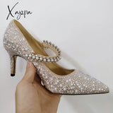 Xajzpa - Pearl Slippers Shoes Women Basic Summer Flock Shiny Rhinestones Pointed Toe Flats Fashion