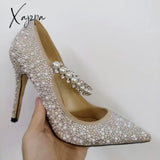 Xajzpa - Pearl Slippers Shoes Women Basic Summer Flock Shiny Rhinestones Pointed Toe Flats Fashion