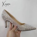 Xajzpa - Pearl Slippers Shoes Women Basic Summer Flock Shiny Rhinestones Pointed Toe Flats Fashion