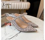 Xajzpa - Pearl Slippers Shoes Women Basic Summer Flock Shiny Rhinestones Pointed Toe Flats Fashion