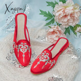 Xajzpa - Pearls Embroidered Women Flock Cotton Pointy Toe Flat Mules Retro Comfortable Slippers For