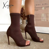 Xajzpa - Peep Toe Ankle Boots Brown / 5