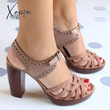 Xajzpa - Peep Toe Chunky Heel Pu Casual Buckle Sandals Brown / 5