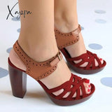 Xajzpa - Peep Toe Chunky Heel Pu Casual Buckle Sandals Red / 5