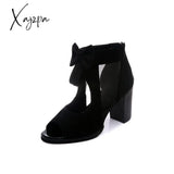 Xajzpa - Peep Toe Mesh Insert Bowknot Chunky Heeled Sandals