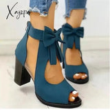 Xajzpa - Peep Toe Mesh Insert Bowknot Chunky Heeled Sandals