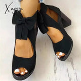 Xajzpa - Peep Toe Mesh Insert Bowknot Chunky Heeled Sandals Black / 35