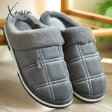 Xajzpa - Plaid Men Shoes Winter Slippers Suede Gingham Plush Velvet Indoor For Warm Home Non Slip