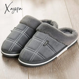 Xajzpa - Plaid Men Shoes Winter Slippers Suede Gingham Plush Velvet Indoor For Warm Home Non Slip