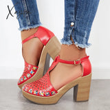 Xajzpa - Platform Block Chunky High Heels Ankle T-Strap Cutout Sandals