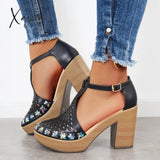 Xajzpa - Platform Block Chunky High Heels Ankle T-Strap Cutout Sandals