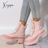 Xajzpa - Platform Chunky Heel Warm Booties Lace Up Fur Lining Ankle Boots