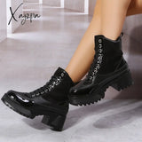 Xajzpa - Platform Chunky Heel Warm Booties Lace Up Fur Lining Ankle Boots