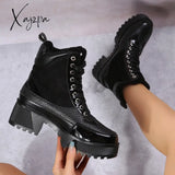 Xajzpa - Platform Chunky Heel Warm Booties Lace Up Fur Lining Ankle Boots