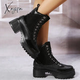 Xajzpa - Platform Chunky Heel Warm Booties Lace Up Fur Lining Ankle Boots