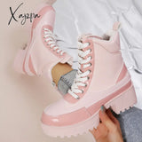 Xajzpa - Platform Chunky Heel Warm Booties Lace Up Fur Lining Ankle Boots