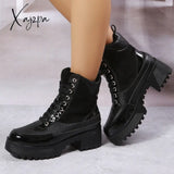 Xajzpa - Platform Chunky Heel Warm Booties Lace Up Fur Lining Ankle Boots