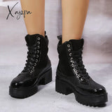 Xajzpa - Platform Chunky Heel Warm Booties Lace Up Fur Lining Ankle Boots Black / 5