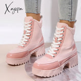 Xajzpa - Platform Chunky Heel Warm Booties Lace Up Fur Lining Ankle Boots Pink / 5