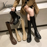 Xajzpa - Platform Women Long Boots Pu Leather Ladies Zipper Knight Thick Sole Flats Shoes Fashion