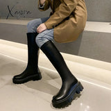 Xajzpa - Platform Women Long Boots Pu Leather Ladies Zipper Knight Thick Sole Flats Shoes Fashion