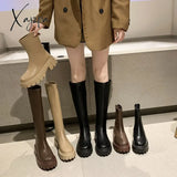 Xajzpa - Platform Women Long Boots Pu Leather Ladies Zipper Knight Thick Sole Flats Shoes Fashion