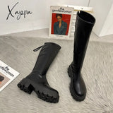 Xajzpa - Platform Women Long Boots Pu Leather Ladies Zipper Knight Thick Sole Flats Shoes Fashion