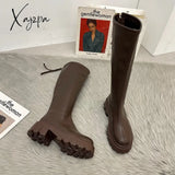 Xajzpa - Platform Women Long Boots Pu Leather Ladies Zipper Knight Thick Sole Flats Shoes Fashion