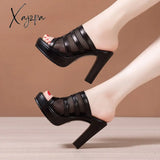 Xajzpa - Plus Size 32-43 Block Heel Platform Shoes Women Slippers Summer Open Head High Heels