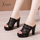 Xajzpa - Plus Size 32-43 Block Heel Platform Shoes Women Slippers Summer Open Head High Heels