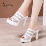 Xajzpa - Plus Size 32-43 Block Heel Platform Shoes Women Slippers Summer Open Head High Heels