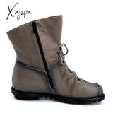 Xajzpa - Plus Size Genuine Leather Women Boots Autumn Winter Fashion Pleated Ankle Warm Soft