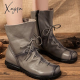 Xajzpa - Plus Size Genuine Leather Women Boots Autumn Winter Fashion Pleated Ankle Warm Soft